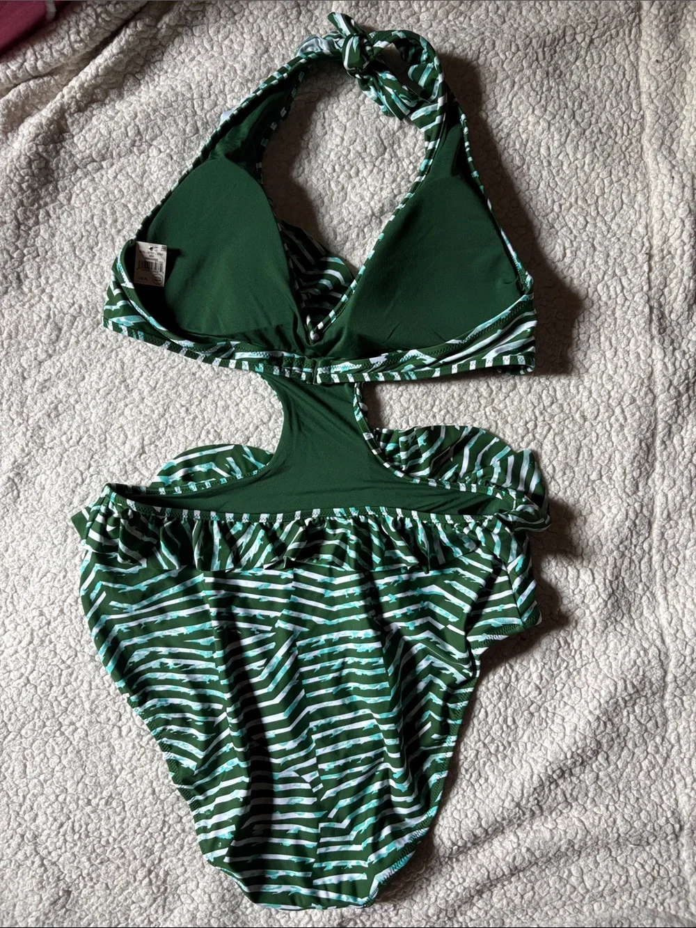 aerie Green and White Striped Halter One-Piece Swimsuit